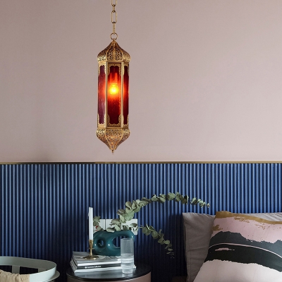 1 Bulb Hanging Light Fixture Art Deco Hallway Suspension Pendant Lamp with Geometric Red Glass Shade in Brass