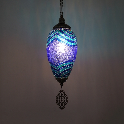 1 Bulb Pendant Lamp Traditionalism Teardrop Stained Glass Hanging Light Fixture in Blue and Purple