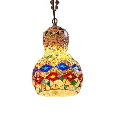 1 Bulb Suspension Lamp Art Deco Gourd Gold/Yellow/Orange Stained Glass Hanging Ceiling Light for Restaurant