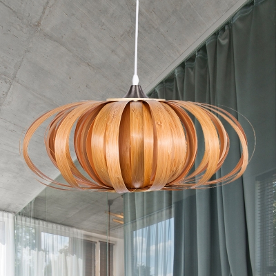1 Bulb Teahouse Ceiling Lamp Asian Flaxen Hanging Pendant Light with Donut Wood Shade