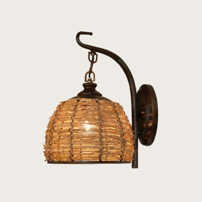 1 Head Dome Sconce Light Japanese Rattan Wall Mount Lighting in Flaxen for Dining Room