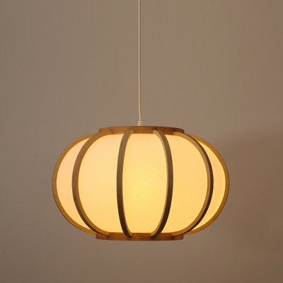 1 Head Pumpkin Ceiling Lamp Chinese Wood Hanging Light Fixture in Beige for Tearoom