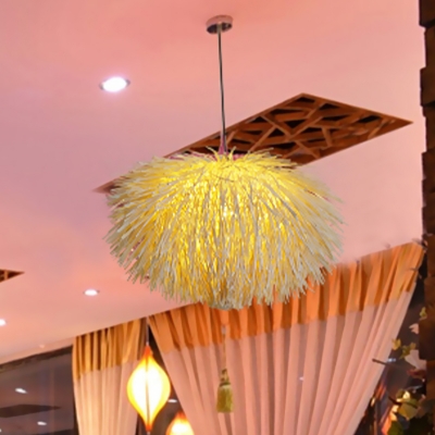1 Head Restaurant Pendant Lamp Asian Beige Ceiling Hanging Light with Lantern Rattan Shade