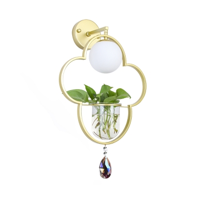 1 Light Clover Sconce Wall Light Industrial Gold Metal LED Plant Wall Lighting Fixture with Dangling Crystal