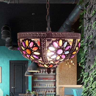 1 Bulb Hanging Lamp Decorative Restaurant Down Lighting Pendant with Bowl Stained Glass in Rust