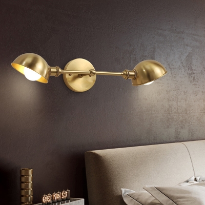 2 Bulbs Bedroom Sconce Modern Brass Wall Mounted Lighting with Domed Metal Shade