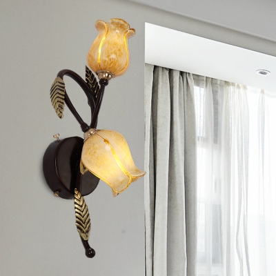 2 Bulbs Curving Wall Sconce Lighting Traditional Black/Gold Metal Wall Light Fixture with Tulip White/Yellow Glass Shade