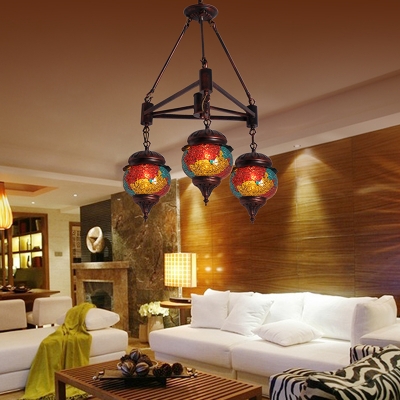 3 Bulbs Chandelier Pendant Lighting Traditional Living Room Hanging Lamp Kit with Ball Red-Yellow-Blue Glass Shade