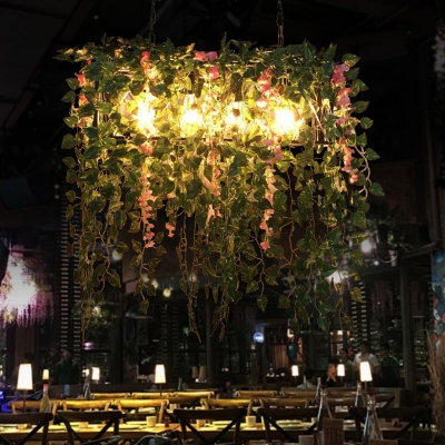 4 Heads Metal Island Pendant Antique Black Rectangle Restaurant LED Down Lighting with Plant Decor