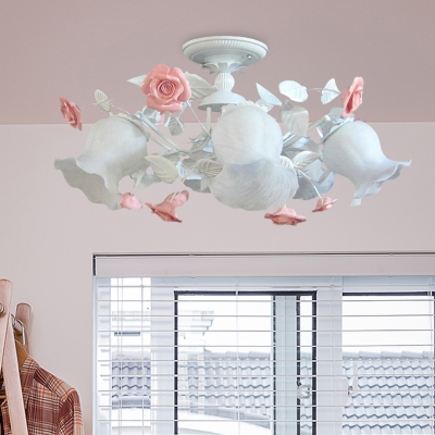 6 Bulbs Scallop Ceiling Flush Pastoral White Glass LED Semi Mount Lighting for Bedroom