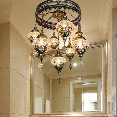 9 Lights Oval Chandelier Pendant Lighting Art Deco Bronze Clear Crackle Glass Hanging Lamp Kit
