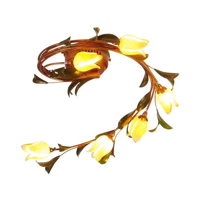 Amber Glass Blossom Ceiling Lighting Traditional 6 Heads LED Bedroom Semi Flush Mount Light Fixture in Brass