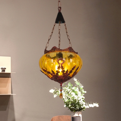 Amber Glass Copper Pendant Lighting Oval Shade 1 Head Vintage Hanging Ceiling Lamp
