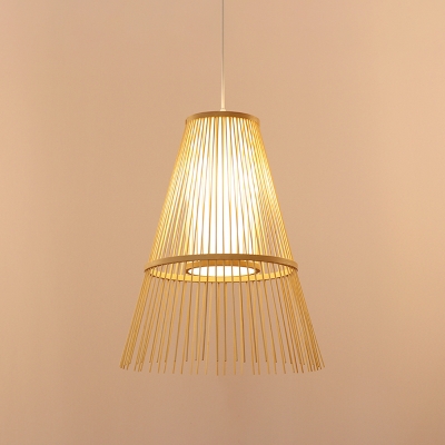 Bamboo Conical Pendant Light Asian 1 Head Beige Ceiling Suspension Lamp with Inner Tubular White Shade