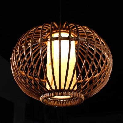 Bamboo Lantern Ceiling Lamp Asian 1 Bulb Brown Hanging Light Kit with Inner Tube Parchment Shade