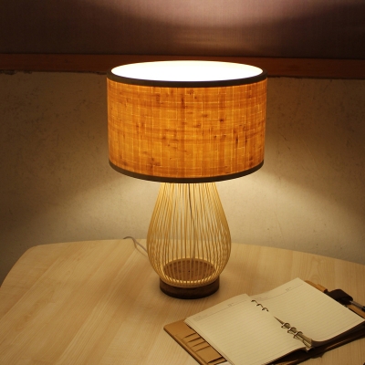 Bamboo Teardrop Task Lighting Asia 1 Head Beige Small Desk Lamp with Cylinder Shade