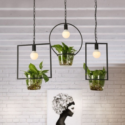 Bare Bulb Restaurant Cluster Pendant Industrial Metal 3 Lights Black LED Hanging Ceiling Light with Plant