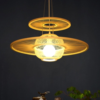 Beige Round Hanging Lamp Asia 1 Head Bamboo Ceiling Pendant Light for Dining Room