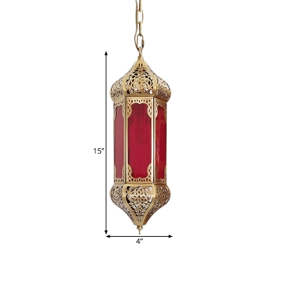 Brass 1 Light Ceiling Hang Fixture Vintage Red Glass Geometric Pendant Lighting for Dining Room