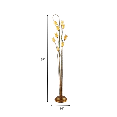 Brass 9 Bulbs Standing Light Antique Amber Glass Tulip LED Floor Lamp for Living Room