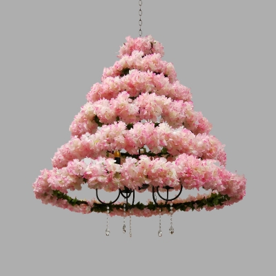 Cherry Blossom Restaurant Chandelier Light Industrial Metal 5 Bulbs Pink/Rose Red Hanging Lamp with Dangling Crystal