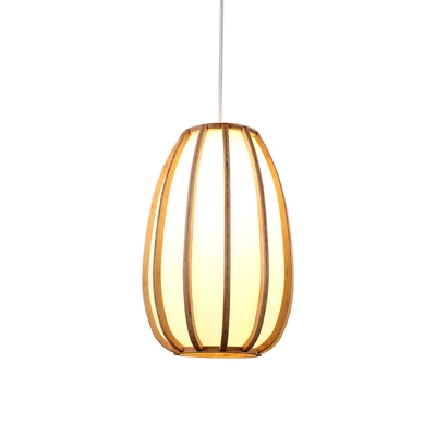 Chinese 1 Head Pendant Lighting Beige Teardrop Hanging Ceiling Light with Wood Shade
