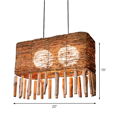 Chinese Rectangular Hanging Chandelier Rattan 2 Bulbs Ceiling Pendant Light in Brown