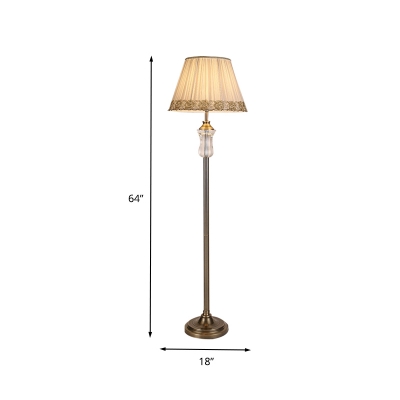 Classic Conical Floor Lamp Single Head Clear Crystal Standing Light in Beige with Fabric Pleated Shade