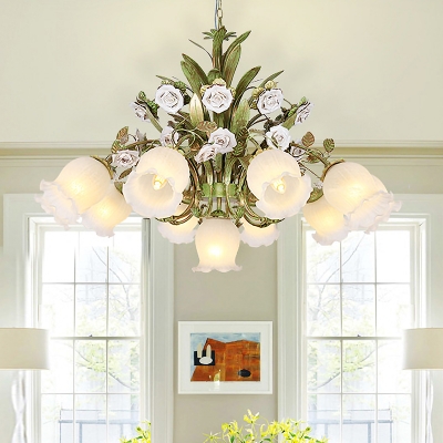 Floral Cream Glass Chandelier Light Traditionalism 4/7/9 Bulbs Bedroom LED Pendant Lamp in Green