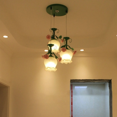 Industrial Floral Cluster Pendant 3 Bulbs White Glass LED Suspension Light for Dining Room