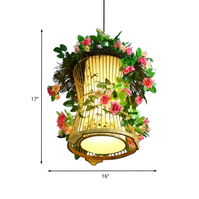 Kerosene Lamp/Cylinder Restaurant Ceiling Light Retro Metal 1 Head Green LED Drop Pendant with Plant Decor