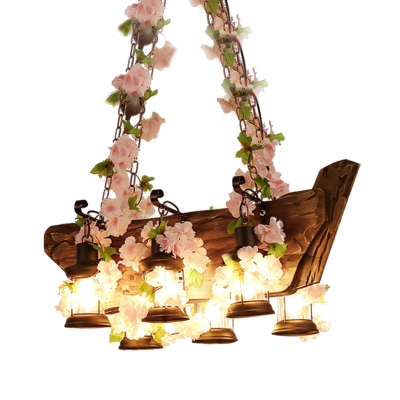 Lantern Restaurant Island Lighting Antique Wooden 6-Bulb Pink/Green LED Pendant Lamp with Plant/Flower Decor