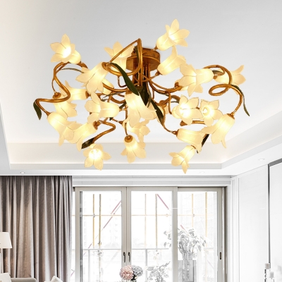 Metal Brass Ceiling Fixture Bloom 25 Bulbs Retro LED Semi Flush Mount Lighting for Living Room