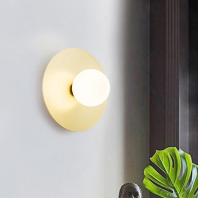Metal Circular Wall Lighting Contemporary 1 Head Gold Sconce Light Fixture with White Glass Shade
