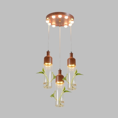 Metal Wine Bottle Cluster Pendant Vintage 3/5/7 Heads Restaurant LED Plant Suspension Lamp in Brown with Round/Linear Canopy