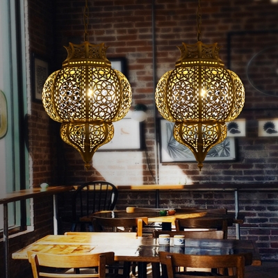 Oval Cage Metal Hanging Lamp Antiqued 1 Head Restaurant Pendant Light Fixture in Brass