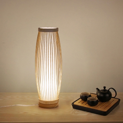 Oval Desk Light Asian Bamboo 1 Head Wood Task Lighting with Inner Tubular Fabric Shade