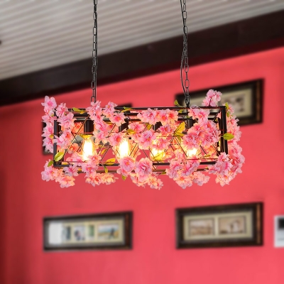 Pink/Brown 4 Lights Island Ceiling Light Retro Metal Rectangular LED Flower Drop Lamp for Restaurant