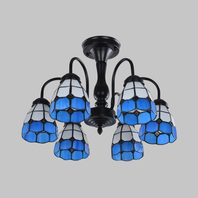 Stained Glass Blue Ceiling Flush Mount Grid Patterned 6/8 Lights Baroque Semi Flush Light for Living Room