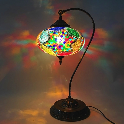 Stained Glass Oval Night Light Vintage 1-Bulb Bedroom Nightstand Lamp in Yellow/Green/Blue with Curved Arm