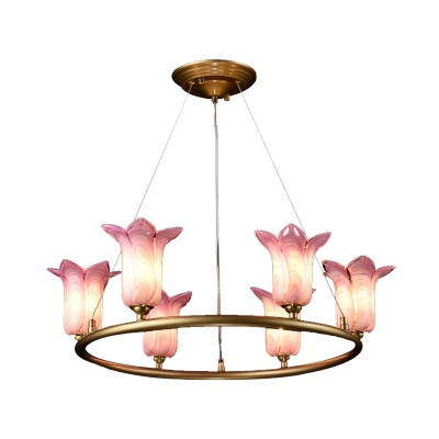 Traditional Flower Hanging Pendant 6 Heads White/Purple Glass LED Chandelier Lighting Fixture for Living Room