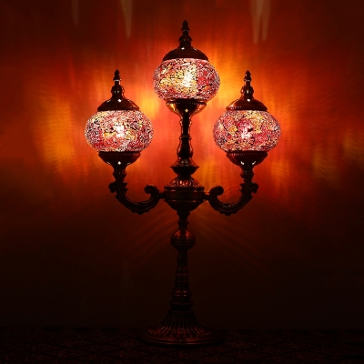 Traditional Globe Table Light 3 Lights Red/Orange/Blue Stained Glass Nightstand Lamp with Fork Design