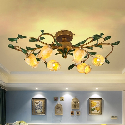 Tulip White/Yellow Glass Ceiling Light Country 6 Bulbs Living Room LED Semi Flush Mount Lighting