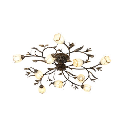 White Glass Brass Ceiling Flush Flower 10 Heads Traditional Semi Mount Lighting for Bedroom