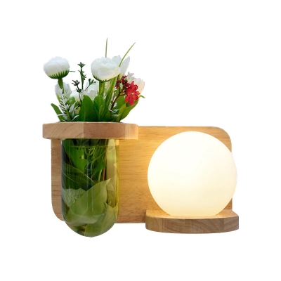 Wood Ball Sconce Light Fixture Industrial Opal Glass 1 Bulb Restaurant LED Wall Mount Lamp without Plant, Left/Right