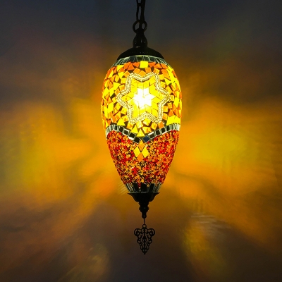 1 Bulb Hanging Light Kit Antiqued Coffee House Suspension Pendant Lamp with Urn Red/Yellow/Blue Stained Glass Shade