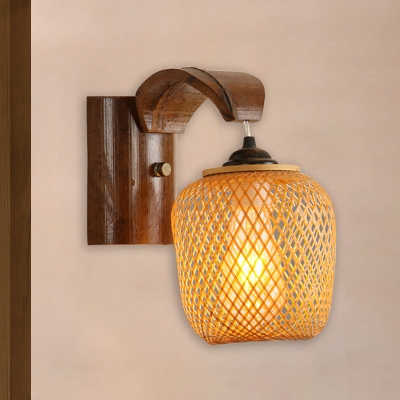 1 Bulb Living Room Wall Lamp Asian Brown Sconce Light Fixture with Urn Bamboo Shade