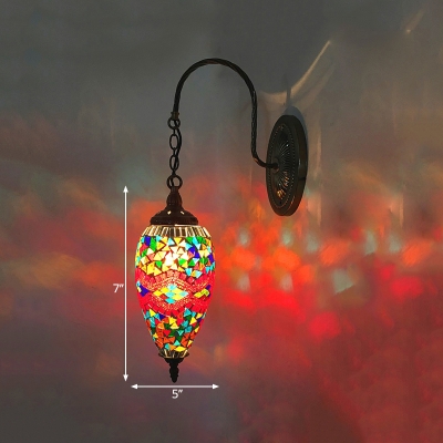 1 Bulb Teardrop Wall Lighting Art Deco Red/Orange/Green Stained Glass Wall Sconce Lamp with Gooseneck Arm