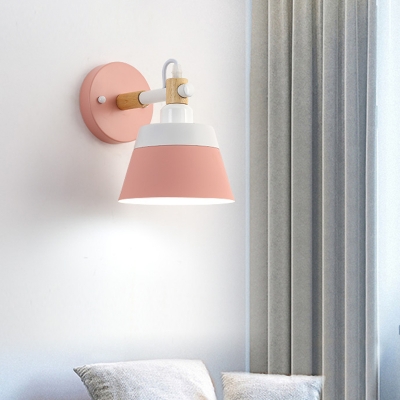 1 Head Living Room Sconce Macaron Pink/White Wall Mount Light Fixture with Conical Metal Shade