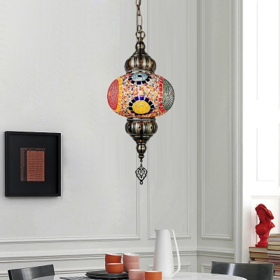 1 Head Pendant Lighting Antiqued Oval Red/Orange/Green Stained Glass Shade Hanging Lamp Kit for Restaurant